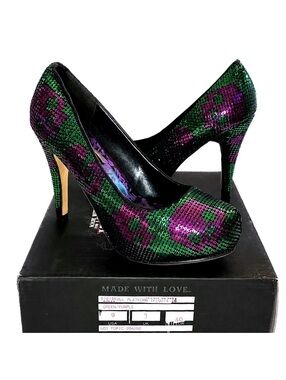 Iron Fist Digiskull Platform Pumps Green & Purple Sequin Skull Heels Size 9